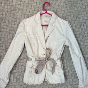 Vintage White House Black Market Cream Tailored Cotton Blazer with Sash